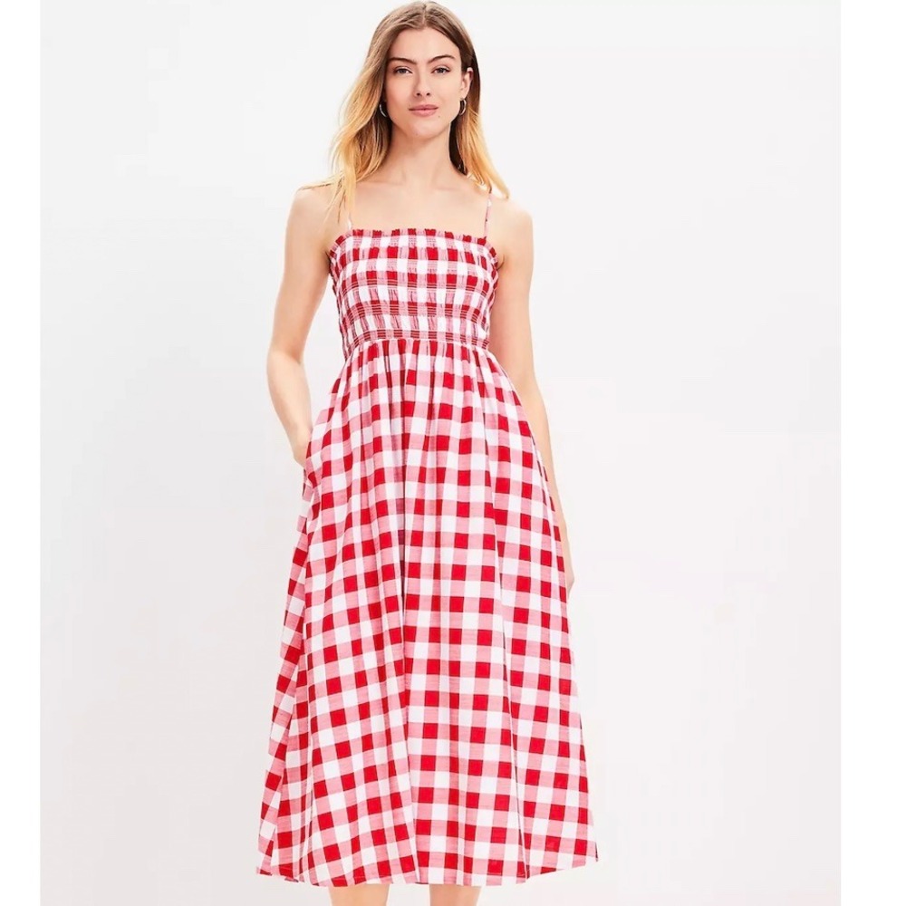 LOFT Red and White Gingham Maxi Dress